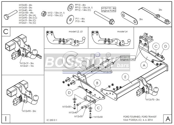 Anhängerkupplung für Ford-Transit Bus, Kastenwagen 2, 9- 4,6 t Gesamtgewicht- Fzg. mit Elektrosatz Vorbereitung, Baureihe 2014-2016 starr