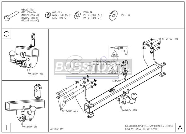 Anhängerkupplung für Mercedes-Sprinter Pritsche Heckantrieb 510-524, Radstd. 4325mm, Baureihe 2006-2018 starr