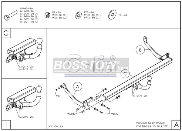 Anhängerkupplung für Peugeot-308 SW- Kombi, Baureihe 2007-2008 starr