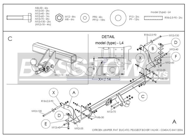 Anhängerkupplung für Peugeot-Boxer Pritsche, 2 WD, Radstand: 3000mm, 3450mm, Baureihe 2006- starr