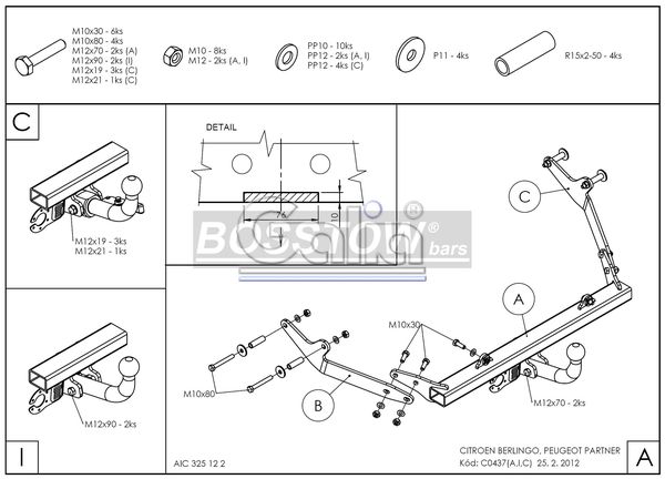 Anhängerkupplung für Peugeot-Partner Kasten/ Bus/ Kombi, Baureihe 2002-2008 starr