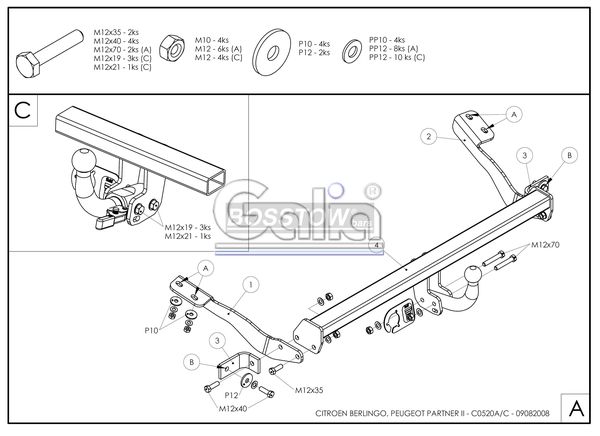 Anhängerkupplung für Peugeot-Partner Kasten/ Bus/ Kombi, Gesamtlänge: 4380mm, Baureihe 2011-2018 starr