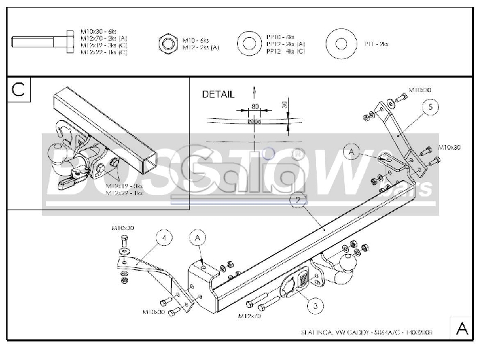 Anhängerkupplung für VW Caddy II, Kasten/ Bus/ Kombi 1995-2003 Ausf.: starr