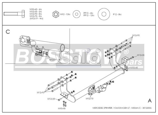 Anhängerkupplung für VW-LT 28-35, Kasten/ Bus, Heckantr. , Radstd. 3,55 m, einzelbereift, ohne Tritt, Baureihe 1995-2006 starr