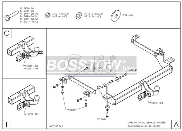 Anhängerkupplung für Opel-Movano Kasten, Bus, Kombi, Frontantrieb, Fzg. ohne Elektrosatz Vorbereitung, Baureihe 2010-2014 abnehmbar