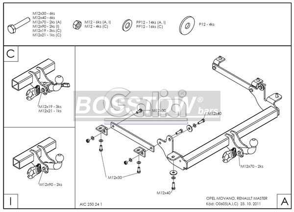 Anhängerkupplung für Renault Master Kastenwagen Frontantrieb ohne Trittbrett, Fzg. ohne Elektrosatz Vorbereitung 2010-2014 Ausf.: abnehmbar